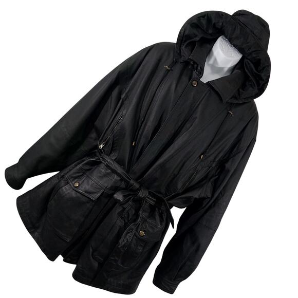 PRESTIGE LEATHER! BLACK GENUINE LEATHER BELTED WAIST HOODIE COAT, JACKET! SZ 2XL - Picture 15 of 15